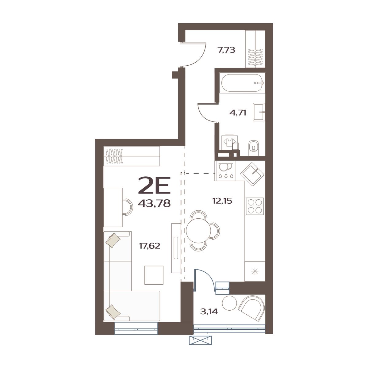 ЖК Меридианы Улисса, 1-комн кв 43,78 м2, за 6 097 000 ₽, 1 этаж